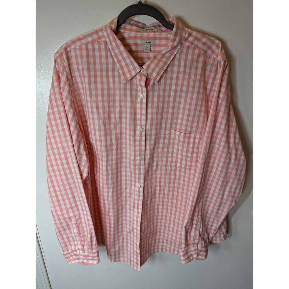 L.L.Bean Womens 3X Plus Pink White Gingham Wrinkle Free Cotton Button Shirt